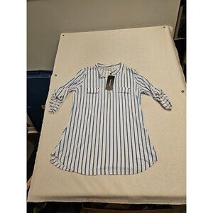 Nine Daily Womens 1/2 Zip  Blue & White Striped Tunic Blouse 3/4 Sleeve L NWT